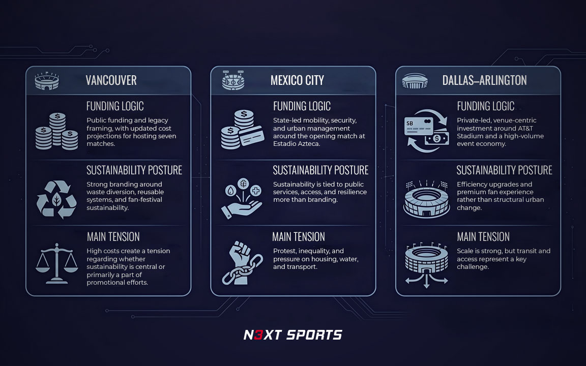 a table that explains the funding logic and sustainability and tension in vancouver, mexico city and dallas, world cup 2026 north america fifa