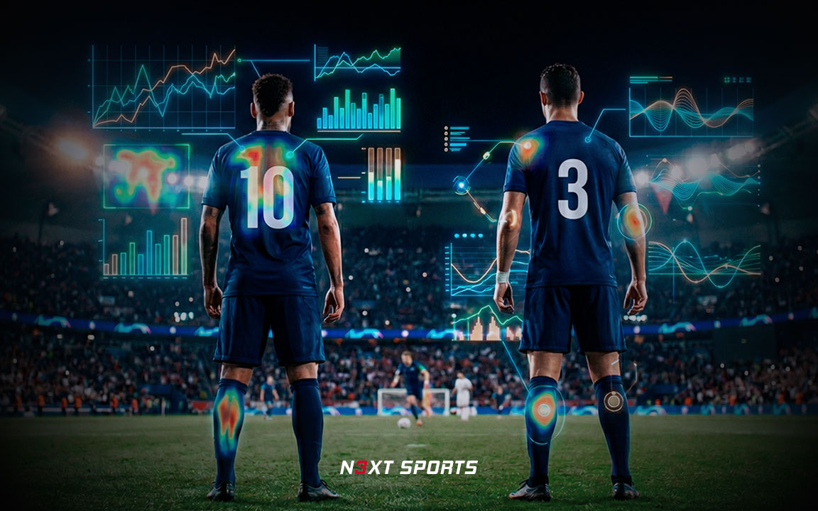 two football players in world cup 2026 with ai information about their health and well-being depicted above them in graphs